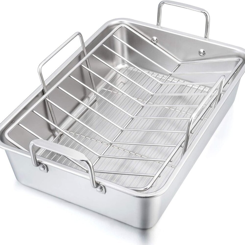 16" Roaster Roasting Pan with Baking Rack and V-shaped Rack, Stainless Steel Rec